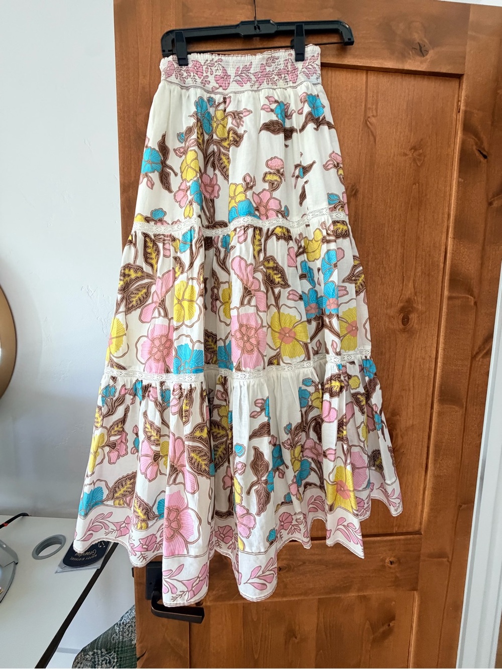HUNTER BELL Cream Tiered Midi Skirt with Pink, Yellow & Blue Floral Print